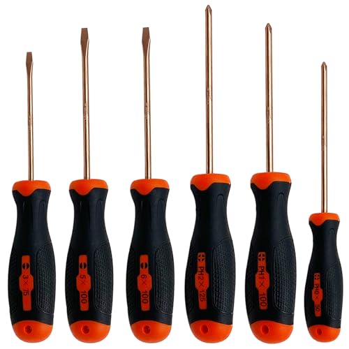 WEDO 6-Piece Non-Sparking Screwdriver Set, Flat Head(3X75mm,5X100mm,6X100mm),Phillips Head (PH0*50mm,PH1*100mm,PH2*125mm), Beryllium Copper, Fiberglass Handle, Hand Tools Set