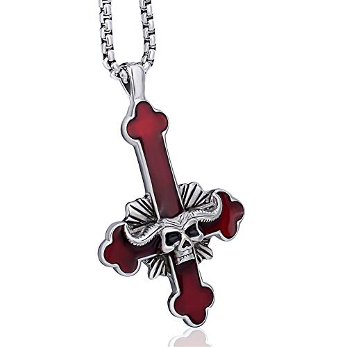 Elfasio Stainless Steel Inverted Cross Necklace For Men Women Red The Devil's Cross Satanic Upside Down Cross Pendant Chain Gothic Skull Jewelry 20" #TOP7