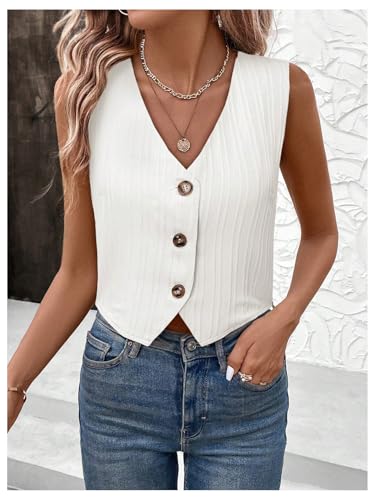 GORGLITTER Women's Button Down Vest Sleeveless V Neck Cropped Cardigan Tops Dressy Business Casual Work Outfits3