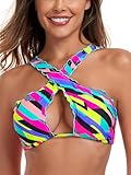 RELLECIGA Women's Neon Striped Wavy Halter Bikini Top Criss Cross Cutout Bathing Suit Size Small