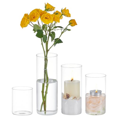 BENECREAT Lot de 4 vases cylindriques en verre, 4 styles de décoration pilier transparent, grand bougeoir flottant pour la maison, le bureau, l'affichage de mariage