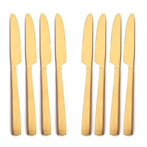 snplowum 8-Piece Dinner Knife, Serrated 18/10 Stainless Steel Steak Knife, Matte Golden Heavy Table Knife Set Butter Cheese Flatware Knives ?9-inch, Set of 8
