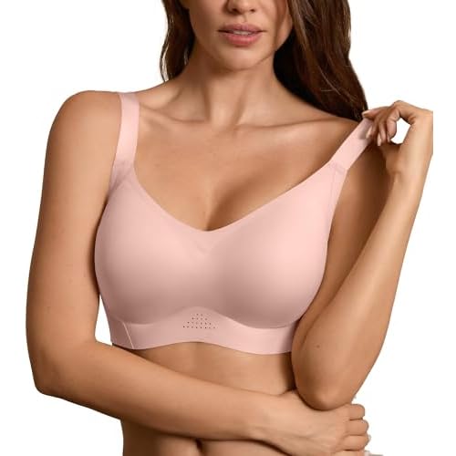 DEANGELMON Seamless Wireless Bras for Large Bust Women No Underwire Full Coverage T-Shirt Bra Comfort V Neck Everyday Bras Pink Large