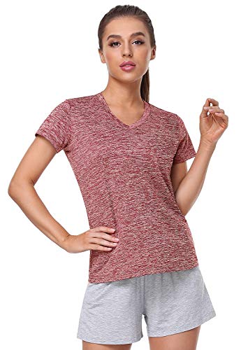 Xelky 3-4 Pack Women's V Neck Tshirt Short Sleeve Moisture Wicking Athletic Shirts Sport Activewear Fitness Workout Gym Tops 4Black/Gray/Navy/Wine Red L #TOP3