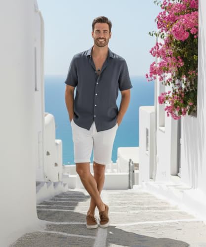 Image of VastraVibes Premium Cotton Linen Shirt for Men | Half Sleeve Slim Fit Casual Shirts | Lightweight Beach Wear & Festive Outfits | Trending Pastel Colors