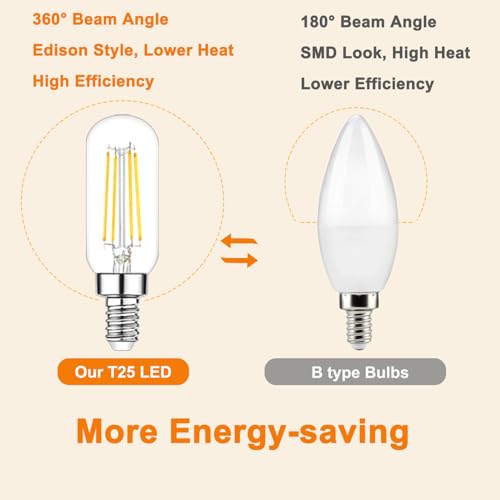 Image of Vinaco T6 LED Candelabra Bulb Dimmable 4W 2700K Warm White for Chandelier | 6PCS 40W Eq. 450LM, 360Beam, NO Flicker, 3.39 Inch, Clear Glass E12 LED Edison Bulb, for Ceiling Fan light, Pendant, Sconce