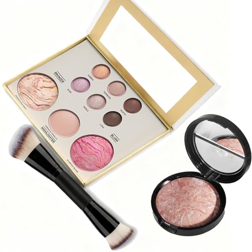 Baked Makeup Set Face Palette 3Pcs All-in-one Starter Make up Kit,Includes Powder Foundation,Bronzer, Blush, Highlighter and 6 Eyeshadows and Brush,Travel Gift Set for Women (Gold 3PCS)