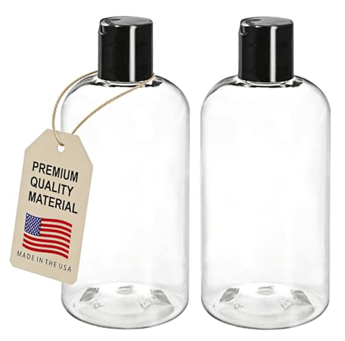 ljdeals 8 oz Clear Plastic Empty Bottles with Black Disc Top Caps Squeezable Refillable Containers for Shampoo Lotions Cream and More Pack of 2 BPA Free Made in USA