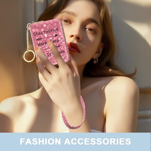 Image of Aiawoxc Credit Card Holder, Small RFID Wallet Slim Leather Card Organizer Case with Zipper and Wristlet Strap, Work Hard