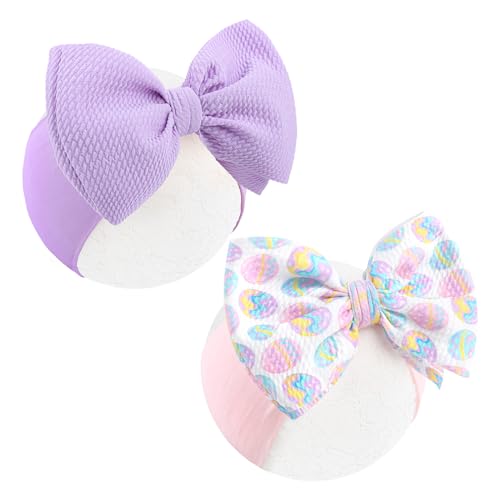 YanJie Easter Headbands Bow Purple Pink Egg Carrots Printed Nylon Hairbands Cheer Bows Big Easter Hair Accessories Infant Easter Gifts