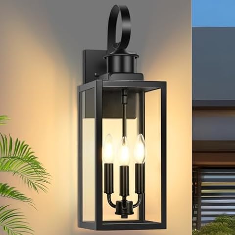 3-Light 19" Large Outdoor Wall Lights, Black Waterproof Exterior Wall Light Fixtures with Clear Glass Shades, Farmhouse Outdoor Wall Sconces Lantern for House, Porch, Patio, Garage, Front Door, 1-Pack Cover