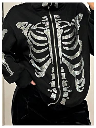 SOLY HUX Women's Y2k Gothic Graphic Hoodie Jacket Zip Up Sparkly Rhinestone Long Sleeve Hooded Sweatshirt Streetwear4