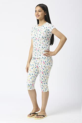 Image of SINI MINI Round Neck with Half Sleeve Top & Capri Beige Girls Casual Pack of 1 Night Suit Set
