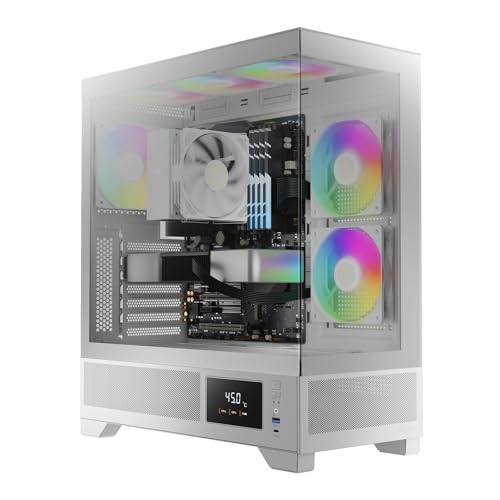 GAMDIAS Atlas M1 WH ATX Mid-Tower PC-Gehäuse, Echtzeit-Überwachung, 3× 120-mm-ARGB-PWM-Lüfter, 270° Panoramadoppelglas, Lüfter-Hub, Hohe Luftzufuhr durch Seitenbelüftung, Weiß