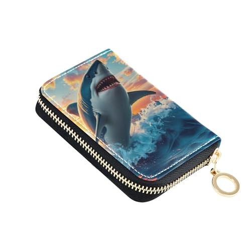 Burbuja Shark Breaching Credit Card Holder for Women Men RFID Blocking, Leather Accordion Zipper Card Case Wallet 11 Slots