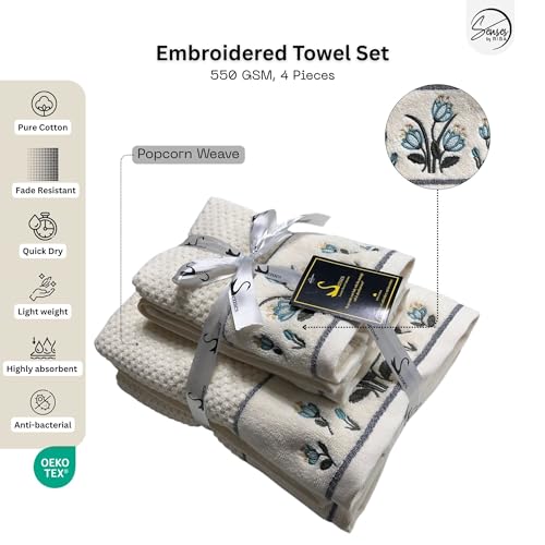 Image of SENSES By Riba Cotton Embroidered Towel Set, 550 GSM Soft & Absorbent, Antimicrobial, Oeko-Tex Certified | Ideal for Home & Gifting, Pack of 4 (2 Bath 27 inchX50 inch + 2 Hand Towels 16 inchX26 inch) - Style 22