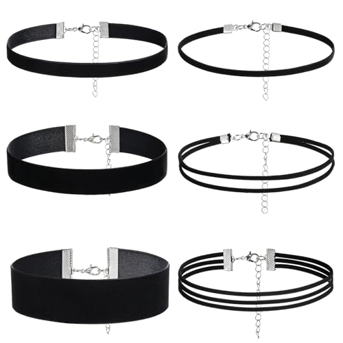 TIESOME 6 Stück Schwarzes Choker Set Für Damen, Schwarzes Samt Set Mehrlagige Klassische Choker Halskette Verstellbare Schwarze Gothic Halskette...