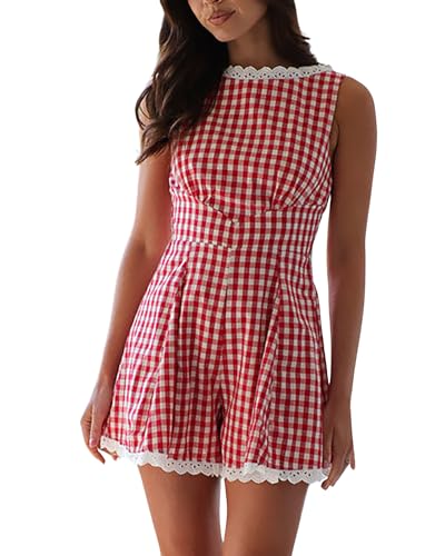 CORIRESHA Women's Elegant Lace Trim Plaid Printed Sleeveless Shorts Jumpsuit Gingham Romper