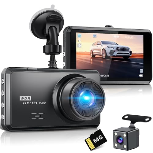 Miden S7 2.5K Dash Cam Front and Rear,64G SD Card,1600P+1080P FHD Dual Dash Camera for Cars,176°+160° Wide Angle,3.2'' IPS Screen Dashcam,G-Sensor,Loop Recording,WDR,Night Vision,24H Parking Monitor