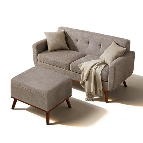 Image of Kingfun 65 inch W Loveseat Sofa with Ottoman Coffee Table, Mid Century Modern Love Seat Couches for Living Room, Button Tufted Upholstered Love Seats Furniture Set, Grey