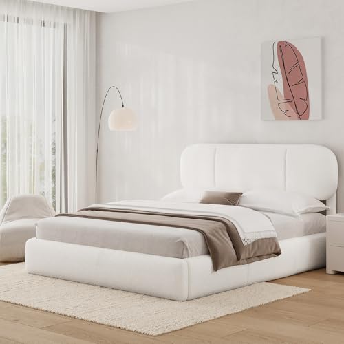 Queen Size Bed Frame with Storage, Boucle Cloud Bed with 4 Locking Drawers & LED Lights, Modern Upholstered Platform Bed, Plush Sides & Footboard, Adj