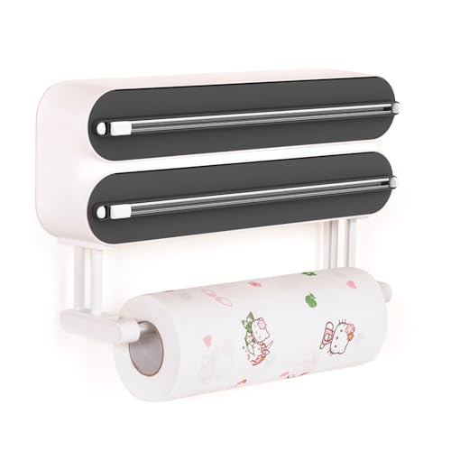 3 In 1 Dispensador Papel Aluminio y Film con Portarrollos Papel Cocina - Porta Papel Aluminio y Film con Cortador Afilado - Magnética Dispensador Film Transparente - Cortador Papel Aluminio y Film