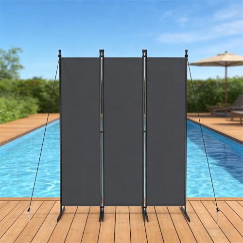 UISEBRT Paravent Outdoor wetterfest mit Heringen und Abspannleinen,Klappbar Freistehend Trennwand ohne Bohren,mobiler sichtschutz für Garten Balkon terrasse,3 Teilig 150 x 180 cm Dunkelgrau