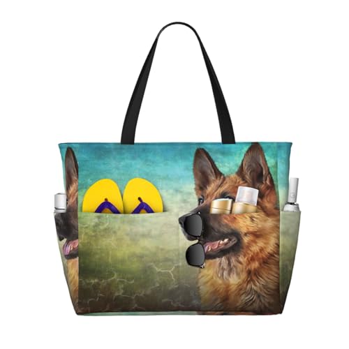 Sac de plage berger allemand grand sac à bandoulière femme imprimé chien fourre-tout toile