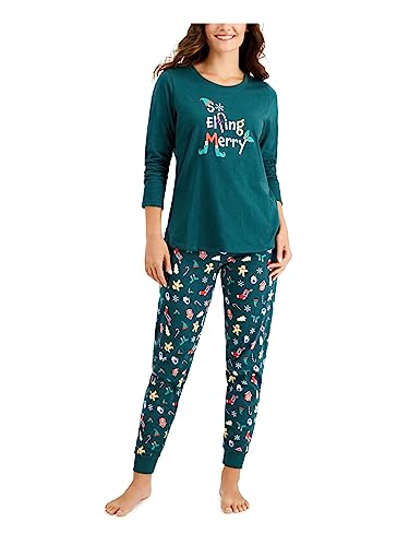 FAMILY PJs Sets Green Elastic Band Graphic Long Sleeve Round Neck T-Shirt Cuffed Holiday Size M