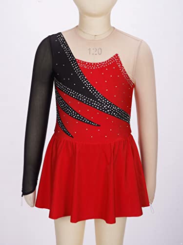 Tssoe Kids Girls Long Sleeves Mesh Patchwork Shiny Sequins Figure Ice Skating Dress Ballet Dancewear Red 8 Years #TOP1