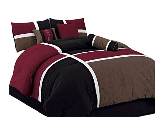Chezmoi Collection 7-Piece Quilted Patchwork Duvet Cover Set, King, Burgundy Brown/Black