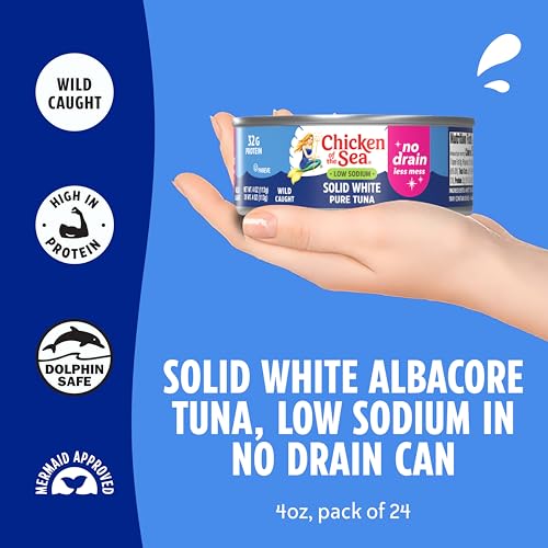 Image of Chicken of the Sea Wild Caught Low Sodium Solid White Pure Albacore, No Drain, 4 oz Cans, 24-Count - High Protein 100% Classic Tuna in No Drain Can for Less Mess - Nutritious Ready to Eat Meals
