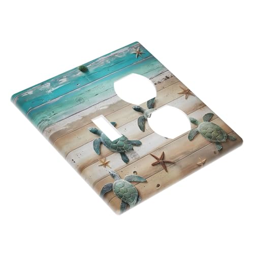 Decorative Outlet Covers Turtle Starfish Beaches Blue Wood Plank 2 Gang Wall Plate Cover Single Toggle Duplex Combo Two Switch Light Switch Cover Plate Jumbo Faceplate