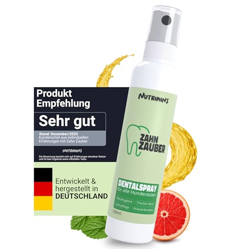 NUTRIMINS Dentalspray für Hunde 100ml – Speziell für Hunde entwickelte Zahnpflege, hergestellt von Experten in Deutschland – Sanftes Zahnspray zur Unterstützung bei Zahnbelag, Mundgeruch & Zahnstein