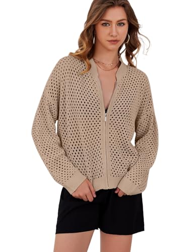 Image of HOCANDY Womens Zip Up Crochet Cardigan Sweater Oversized Long Sleeve Hollow Out Knit Bomber Jacket Fishnet Sweaters