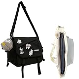Aesthetic Crossbody laptop Bag, 15.6 Inch laptop messenger bag for women men, Cute Shoulder Bag with Cute Pins and Ornament Black