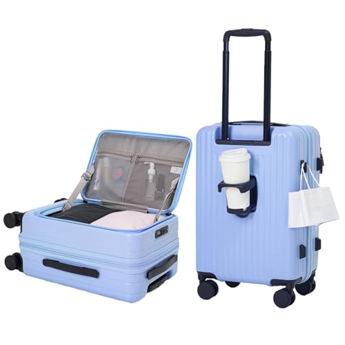 Image of 20 Inch Top Opening Carry On Luggage 22x14x9 Airline Approved Expandable With Spinner Wheels & Cup Holder,PC Hard Shell Lightweight Small Shitcase With Tsa Approved For Travel Women Men,Blue