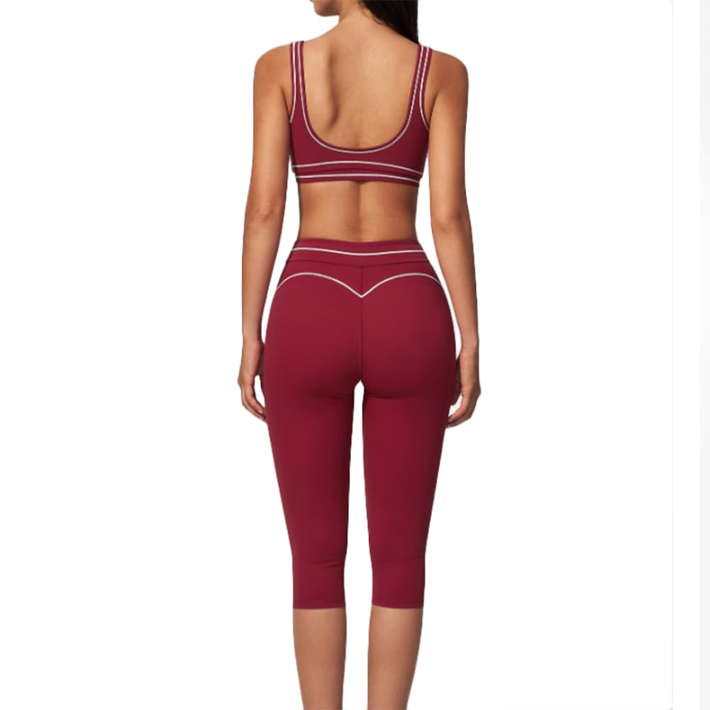 Conjunto de yoga mujer sujetador deportivo y mallas cortas | Conjunto 2 piezas: sujetador deportivo escote V con ribetes en contraste y mallas yoga capri de talle alto, elástico