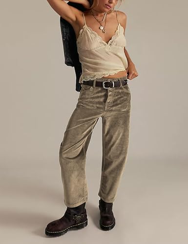 Faleave Women's Trance Low-Rise Dropped Barrel Corduroy Jeans Button Fly Ankle-Length3