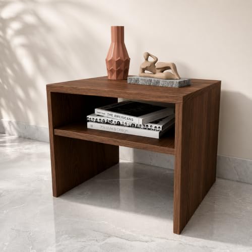 Image of ECOLINE End Table - Side Table Wooden for Bedroom and Living Room, Compact Nightstand with Shelf Storage, Small Bedside Table for Home, Modern Finish - Walnut Brown