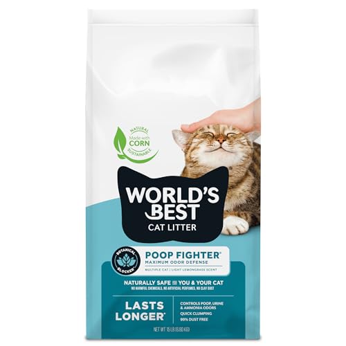 WORLD'S BEST CAT LITTER Poop Fighter Maximum Odor Defense, 15-Pounds - Natural Ingredients, Quick Clumping, Flushable, 99% Dust Free & Made in USA - Long-Lasting Odor Control & Easy Scooping