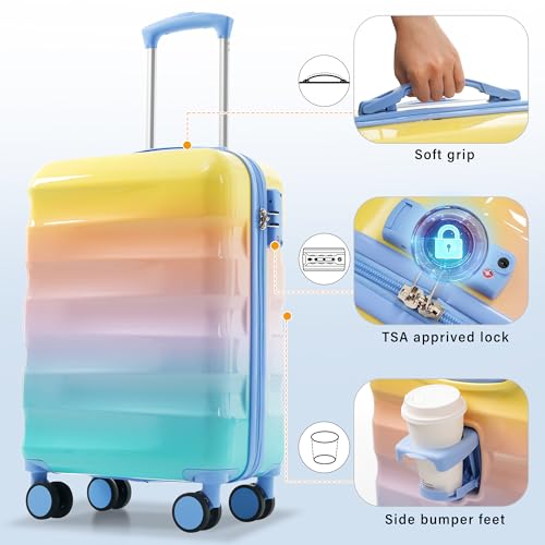2 Piece Carry-on Luggage Set - 20" Airline Approved Suitcase with Cup Holder, Glossy Hardshell, Spinner Wheels & TSA Lock (Lightweight 5.62 lbs) (Blue,Orange)3
