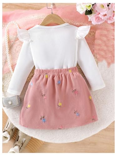 Image of WDIRARA Girls's 2 Piece Cap Long Sleeve Solid Ribbed Top and Embroidered Bow Skirt Set Pink 6Y