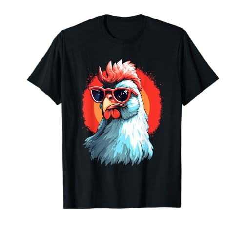 Funny Coq Poule Avec Lunettes Imprimé Poule Paysage T-Shirt