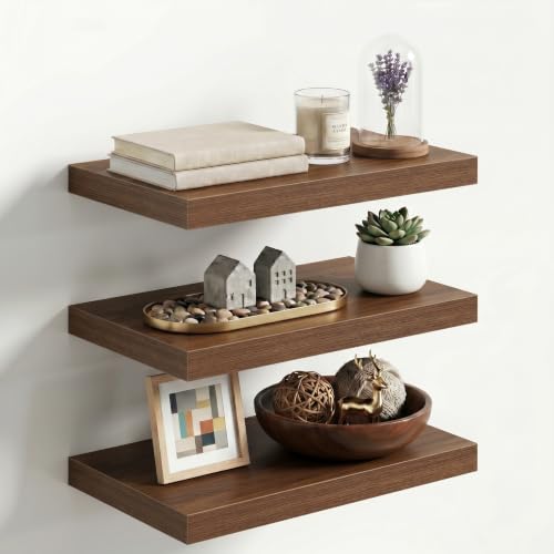 Image of Fun Memories 20 x 12 Inch Deep Floating Shelves, 12 Inch Deep Rustic Wooden Wall Shelves, Extra Deep & Heavy Duty Hanging Shelves for Living Room,Bedroom, Bathroom, Set of 3 (Walnut)