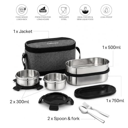 Image of CELLO MF Senator Set of 4 Stainless Steel Lunch Box with Extendable Zipper Bag, Black | 300ml, 300ml, 500ml Containers, 750ml Oval Container with Spoon & Fork, Leakproof Airtight Tiffin Set for Office