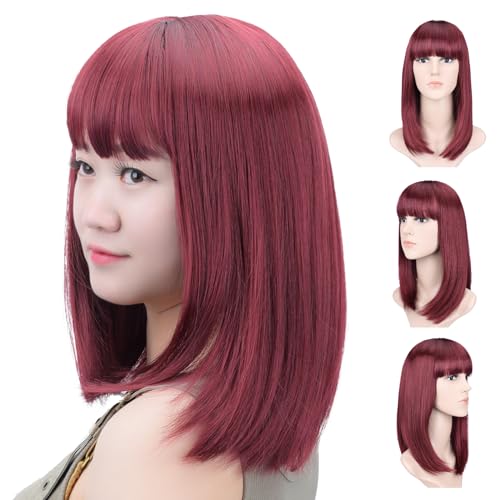 SYXLCYGG Bob Wig Short Wigs Burgundy Hair Wig With Bangs 14" (Free Wig Cap)