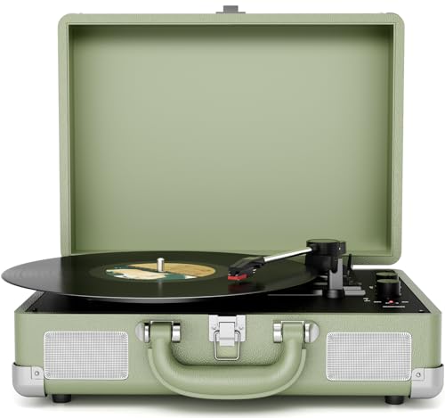 Vinyl Record Player 3-Speed Bluetooth Suitcase Portable Belt-Driven Record Player with Built-in Speakers RCA Line Out AUX in Headphone Jack Vintage Turntable Aegean Green