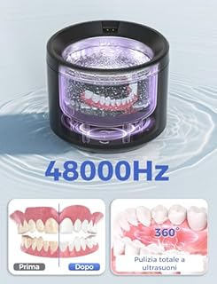 Acmeenjoy Pulitore Ultrasuoni 48000Hz, Pulitore Ultrasuoni Apparecchio Denti 200ml con UV Lampada e Pulizia di Baske, per Bite/Protesi dentali/Fermi/Testine di Spazzolini da Denti, Nero