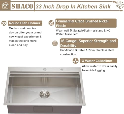 Image of SHACO 33x22 Inch Drop In Kitchen Sink Workstation, 33 Inch All In One SUS304 Stainless Steel Top Mount Single Bowl Overmount Double Ledges Sink with Accessories, Brushed Nickel